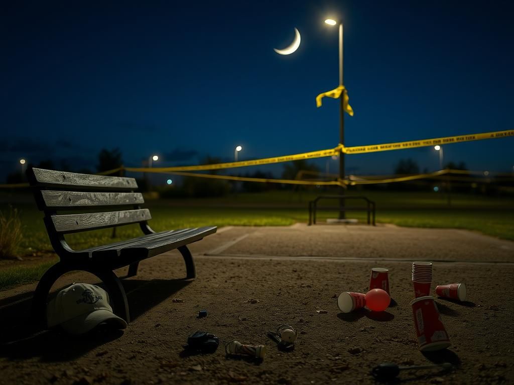 Flick International deserted park in Las Cruces, New Mexico, showing a weathered bench and scattered items after a tragic shooting