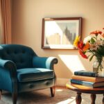 Flick International Cozy living room scene with deep blue armchair and books on mental health