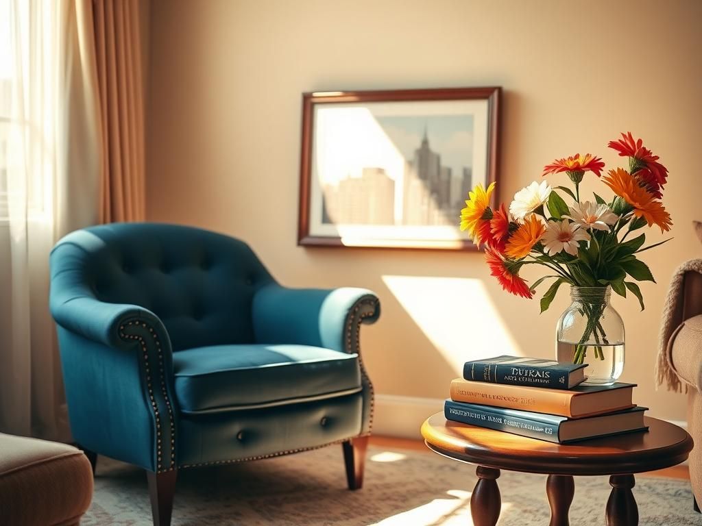 Flick International Cozy living room scene with deep blue armchair and books on mental health