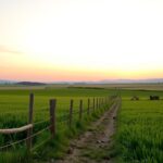 Flick International A picturesque rural landscape at dawn with lush green fields and a rustic fence