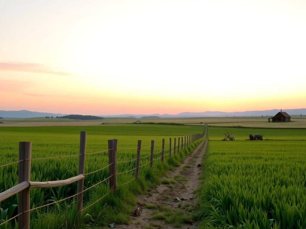 Flick International A picturesque rural landscape at dawn with lush green fields and a rustic fence