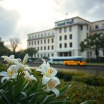 Flick International Serene scene outside Gemelli Hospital in Rome with blooming white lilies