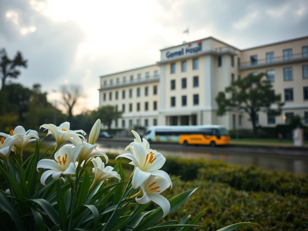 Flick International Serene scene outside Gemelli Hospital in Rome with blooming white lilies