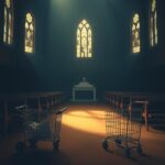 Flick International Dimly lit church interior depicting refuge and resilience with stained-glass windows.