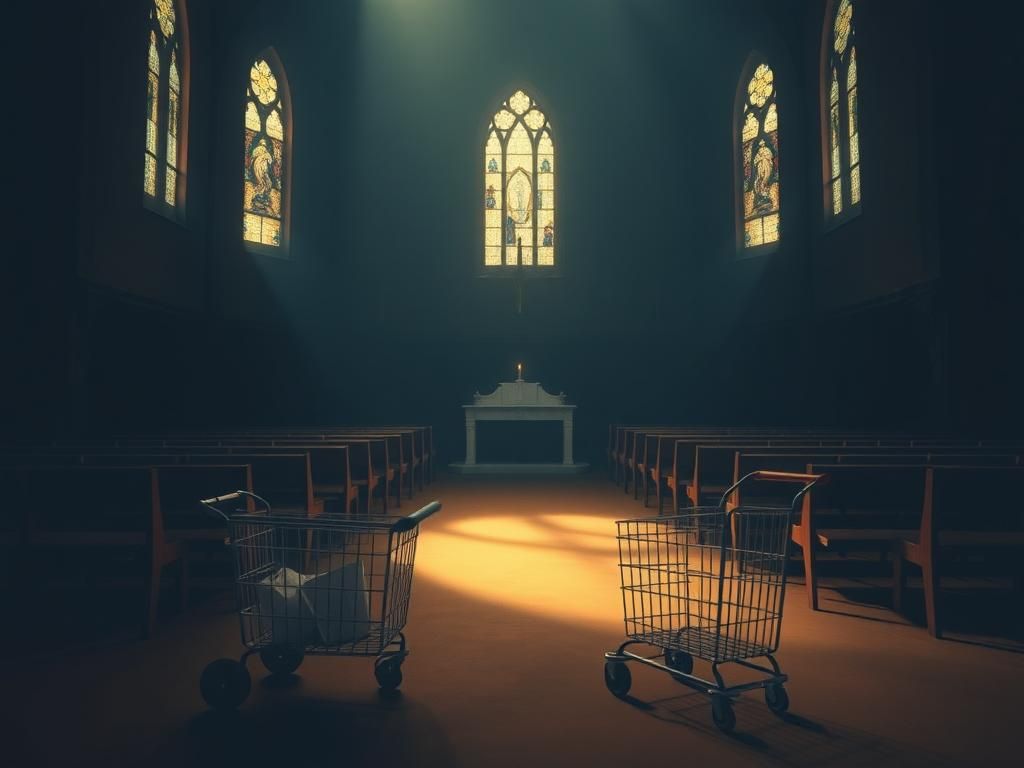 Flick International Dimly lit church interior depicting refuge and resilience with stained-glass windows.