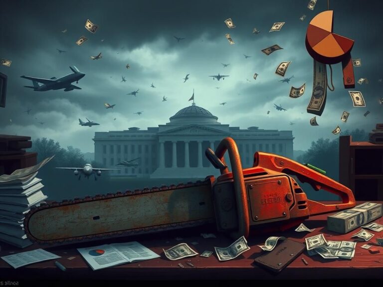 Flick International A dramatic illustration of military spending with a rusty chainsaw on a cluttered desk and the Pentagon in the background