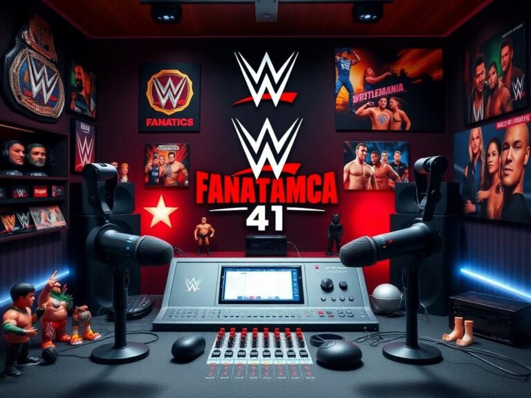 Flick International A vibrant podcast studio with WWE merchandise and audio equipment