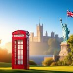 Flick International A serene landscape with a red telephone box and a white pillar symbolizing unity between the US and the British Commonwealth