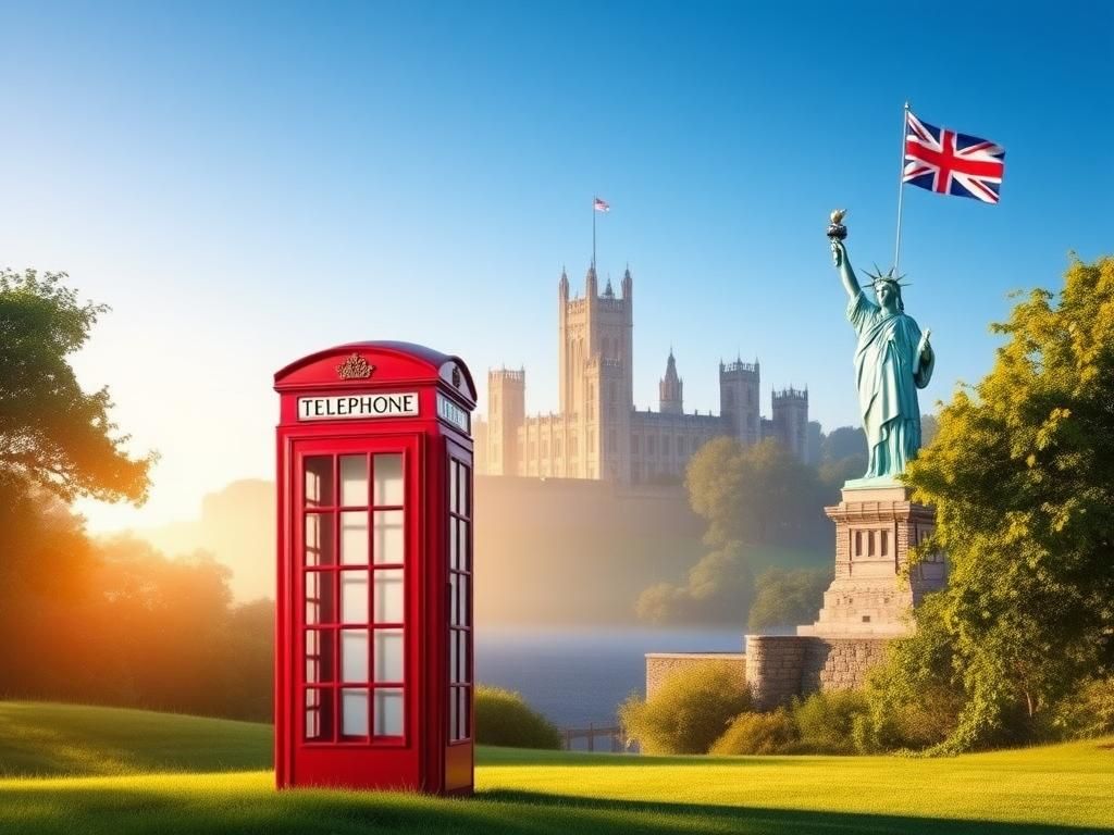 Flick International A serene landscape with a red telephone box and a white pillar symbolizing unity between the US and the British Commonwealth