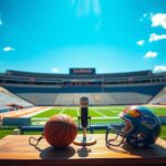 Flick International Vintage microphone on an announcer's table at a Kansas sports stadium