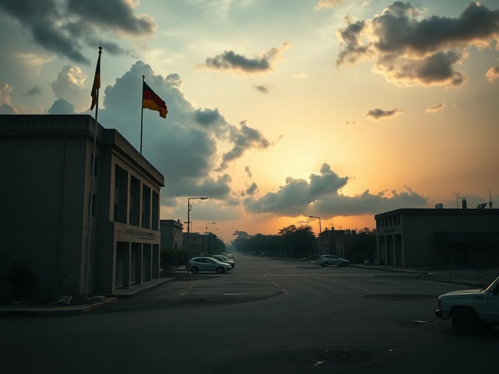 Flick International Closed German embassy building in Juba, South Sudan, with the flag at half-mast