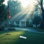 Flick International A serene Virginia neighborhood at morning with an American flag at half-mast