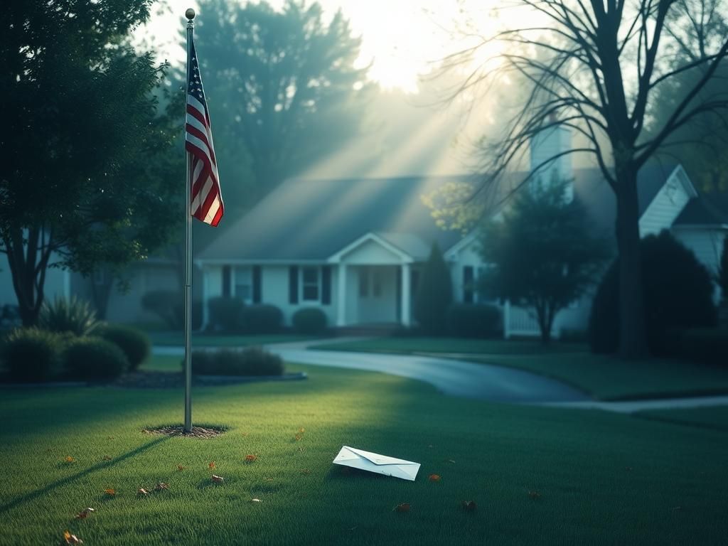 Flick International A serene Virginia neighborhood at morning with an American flag at half-mast