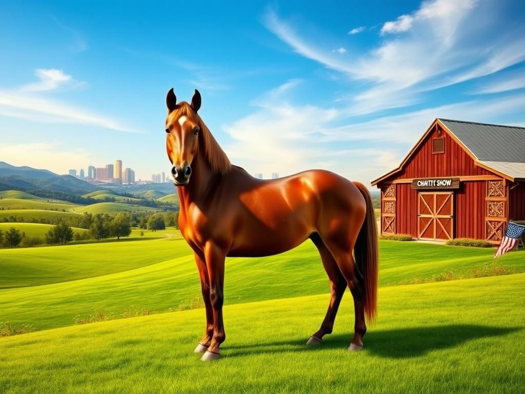 Flick International A serene horse farm landscape with a proud horse representing William Shatner's charity work.