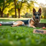 Flick International A ten-year-old German shepherd named Frenky lounging peacefully on a lush green lawn in a sunny park setting