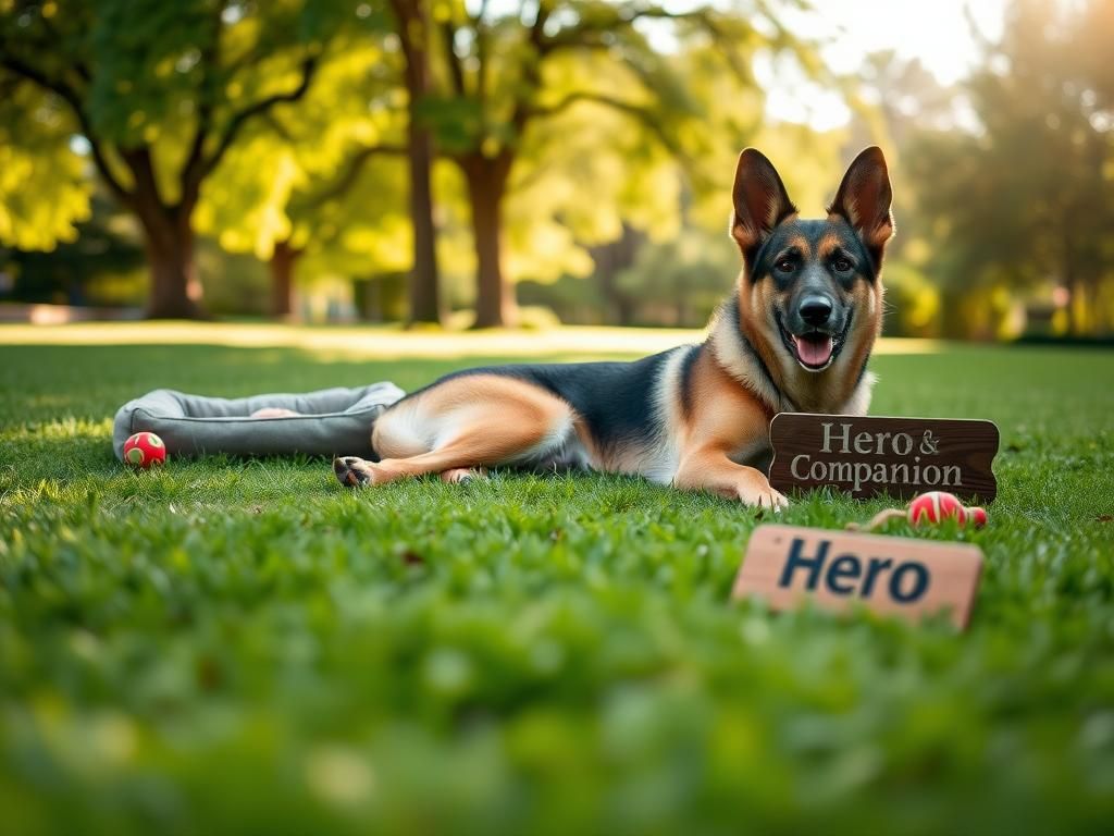 Flick International A ten-year-old German shepherd named Frenky lounging peacefully on a lush green lawn in a sunny park setting