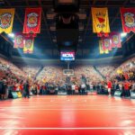 Flick International Dynamic scene at the NCAA wrestling championships with vibrant mats and enthusiastic fans