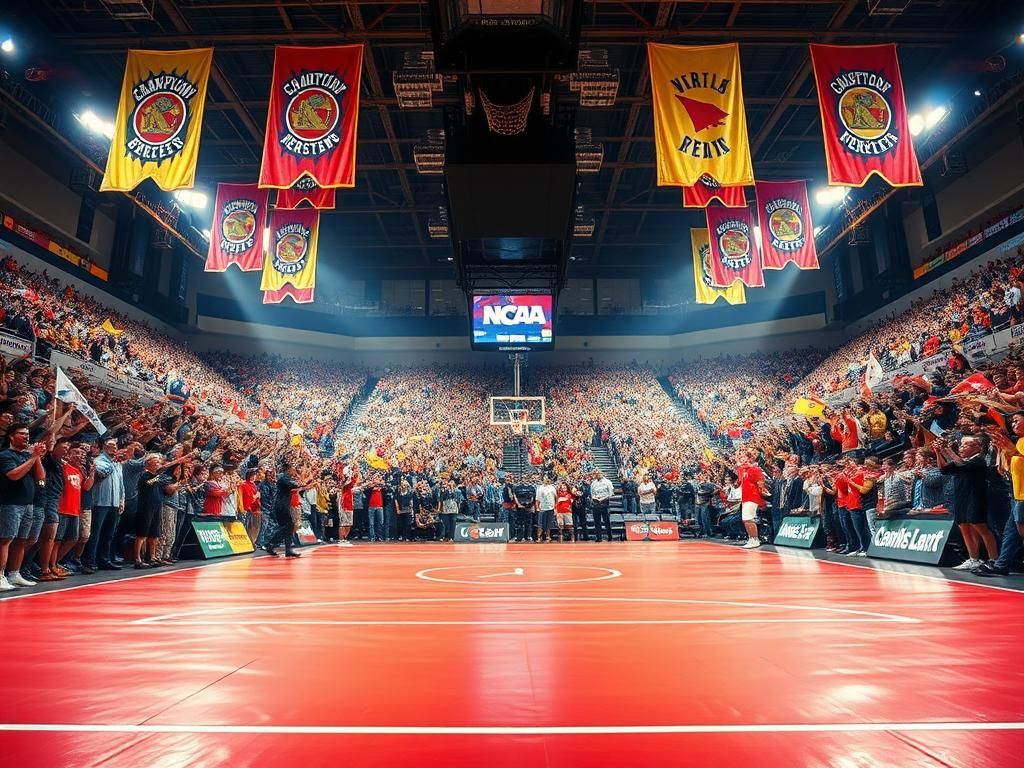 Flick International Dynamic scene at the NCAA wrestling championships with vibrant mats and enthusiastic fans