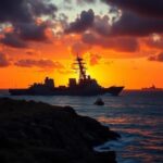 Flick International USS Spruance destroyer anchored near southern coastline at sunset