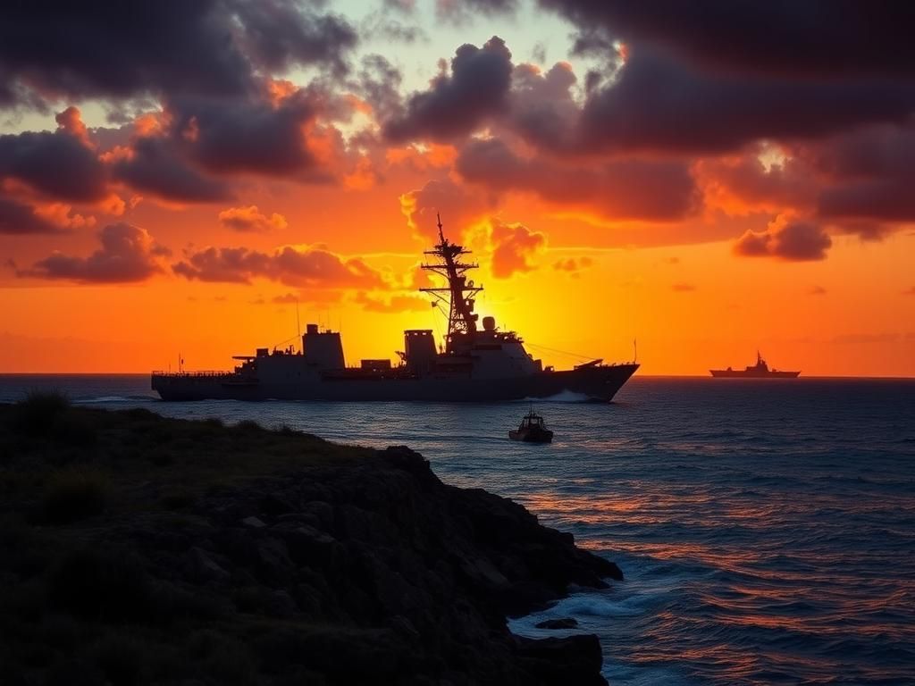 Flick International USS Spruance destroyer anchored near southern coastline at sunset