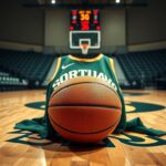 Flick International Close-up of a basketball on the court with a Norfolk State Spartans jersey in the background