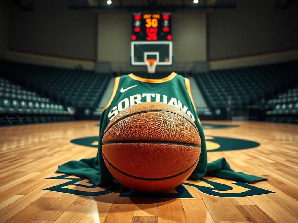 Flick International Close-up of a basketball on the court with a Norfolk State Spartans jersey in the background