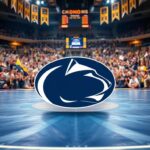 Flick International NCAA wrestling mat with championship trophies and medals celebrating Penn State's achievements