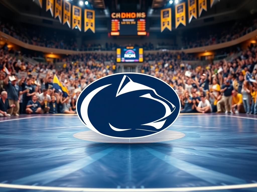 Flick International NCAA wrestling mat with championship trophies and medals celebrating Penn State's achievements