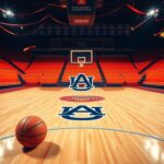 Flick International Dramatic basketball court scene at Auburn University showcasing vibrant orange and blue colors