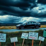 Flick International Tesla car parked on a roadside with a cloudy sky and stock market charts symbolizing falling stock value