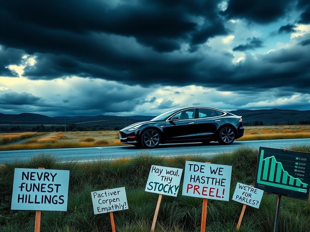 Flick International Tesla car parked on a roadside with a cloudy sky and stock market charts symbolizing falling stock value