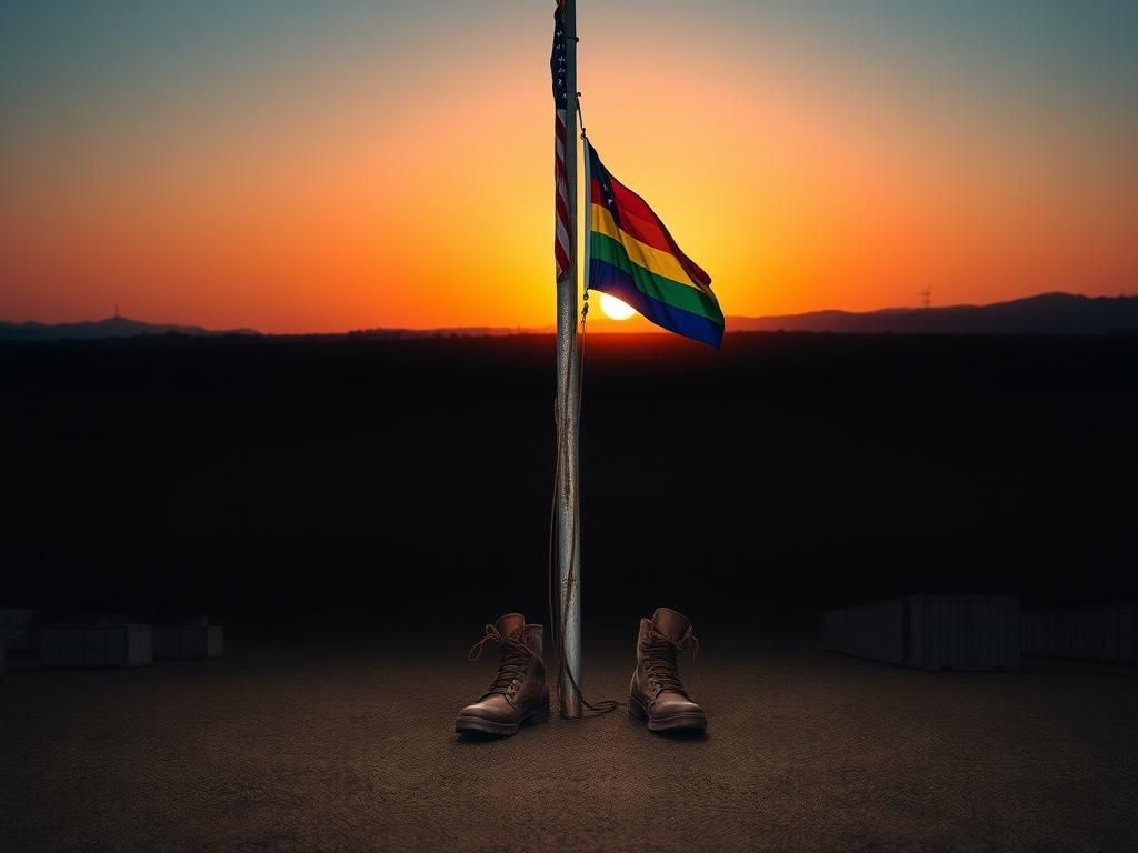 Flick International Military base at dawn with American and pride flags waving in the breeze