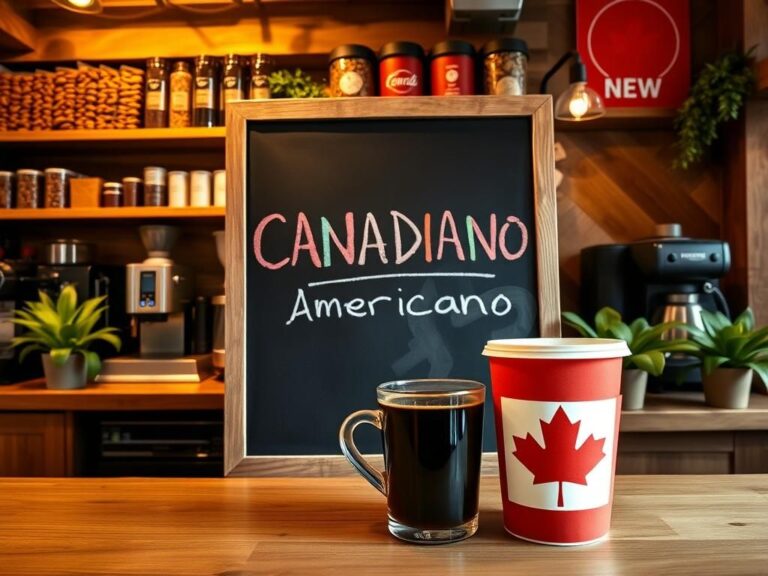 Flick International Cozy Canadian coffee shop interior featuring a chalkboard with 'CANADIANO' drink name and a steaming cup of coffee