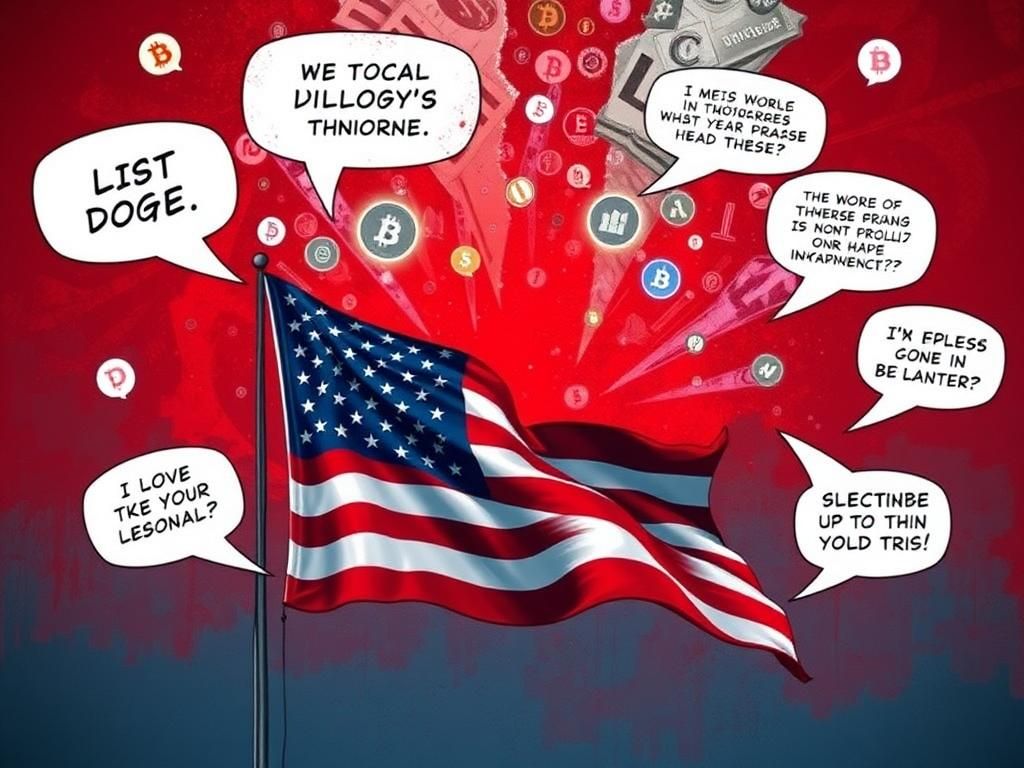 Flick International Digital illustration symbolizing political tension with a broken American flag and cryptocurrency symbols