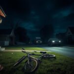 Flick International Dimly lit suburban street at night with broken bicycles symbolizing childhood innocence lost