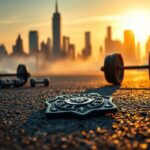 Flick International A NYPD detective's badge shining on asphalt surrounded by gym equipment