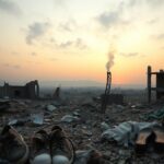 Flick International Desolate landscape in southern Gaza, showing rubble and smoke at dawn