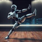 Flick International Humanoid robot performing kung fu moves in a modern dojo setting