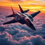 Flick International A sleek F-47 fighter jet soaring through a sunset sky