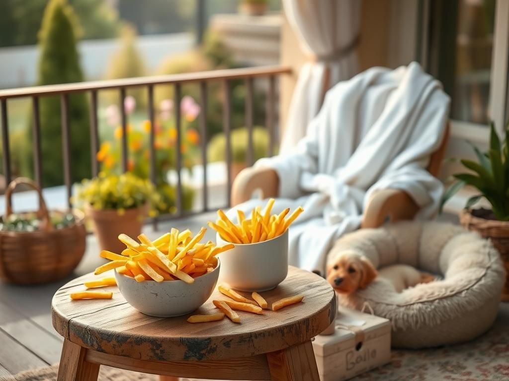 Flick International Cozy outdoor terrace with French fries and a dog bed