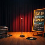 Flick International Dimly lit comedy club stage with a spotlighted microphone and vintage records