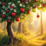 Flick International Enchanted forest scene with a vibrant apple tree representing hope and nostalgia.