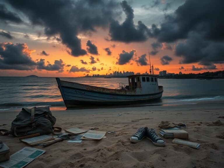 Flick International somber Venezuelan coastline at sunset depicting political tension and migration