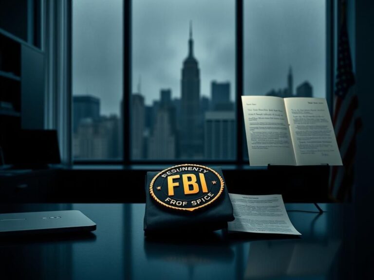 Flick International Empty office desk with a folded FBI badge symbolizing resignation