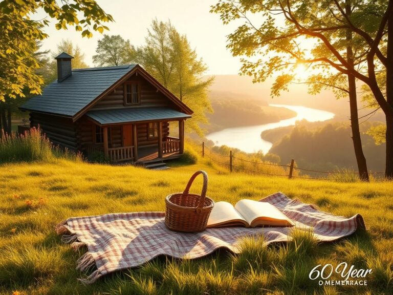 Flick International Serene landscape with a rustic cabin, picnic blanket, and wildflowers.