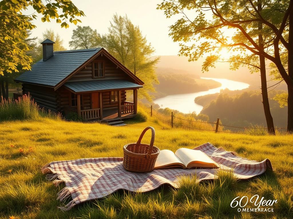 Flick International Serene landscape with a rustic cabin, picnic blanket, and wildflowers.