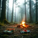 Flick International Serene woodland scene at dawn with abandoned running shoes and a track jersey