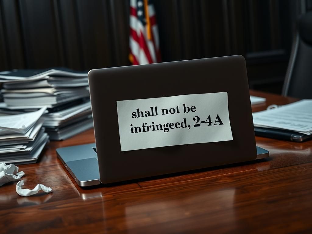 Flick International Close-up of a laptop with a 'shall not be infringed-2A' sticker partially covered