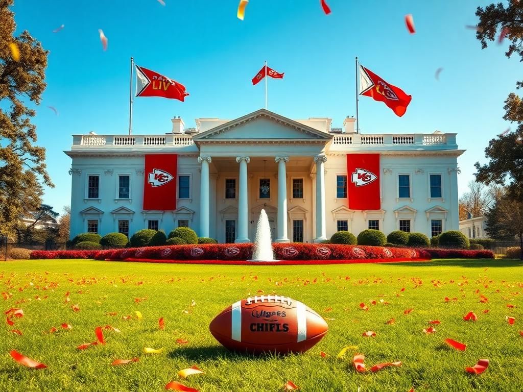 Flick International Vibrant scene of the White House celebrating the Kansas City Chiefs' Super Bowl LIV victory with banners and confetti