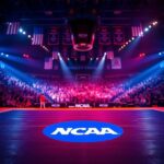 Flick International Dynamic wrestling mat in a grand arena with dramatic lighting